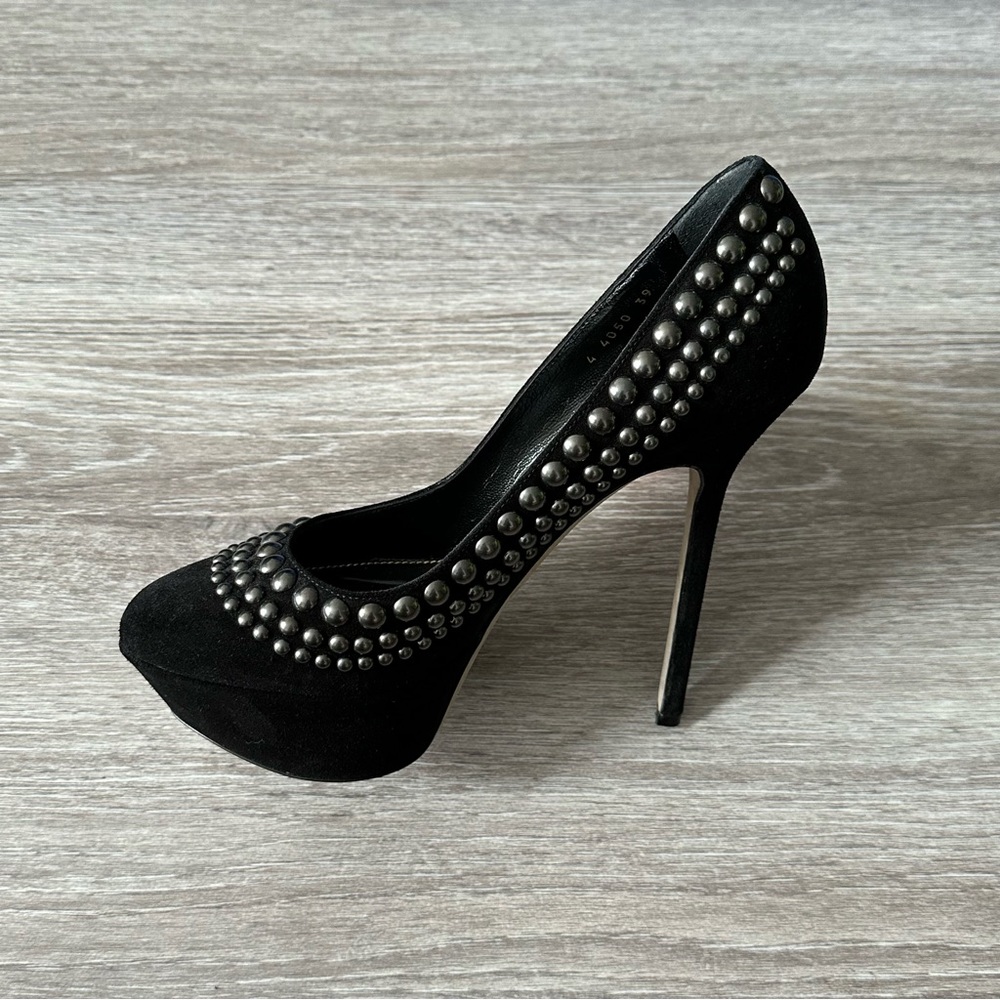 Sergio Rossi Black Suede Silver Studded Platform Pumps - Picture 1 of 13